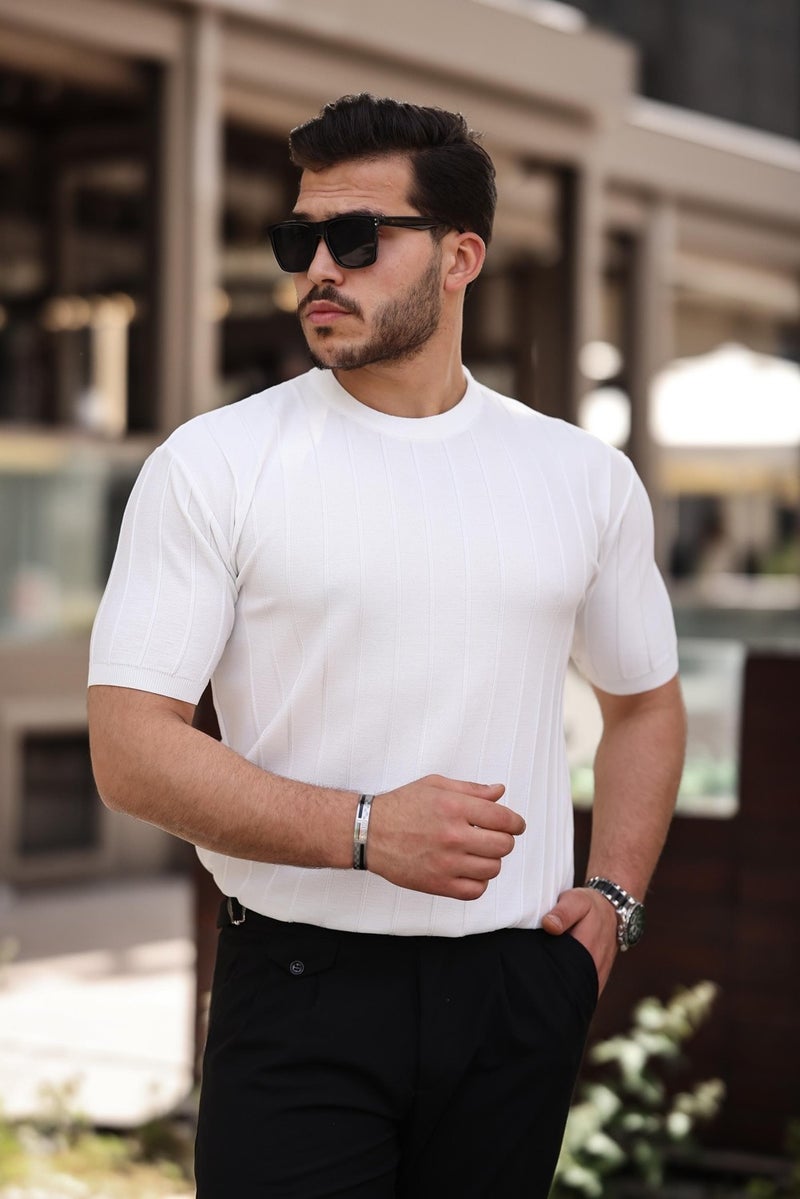 White Crew Neck Embossed Knitwear Short Sleeve T-Shirt - 2430