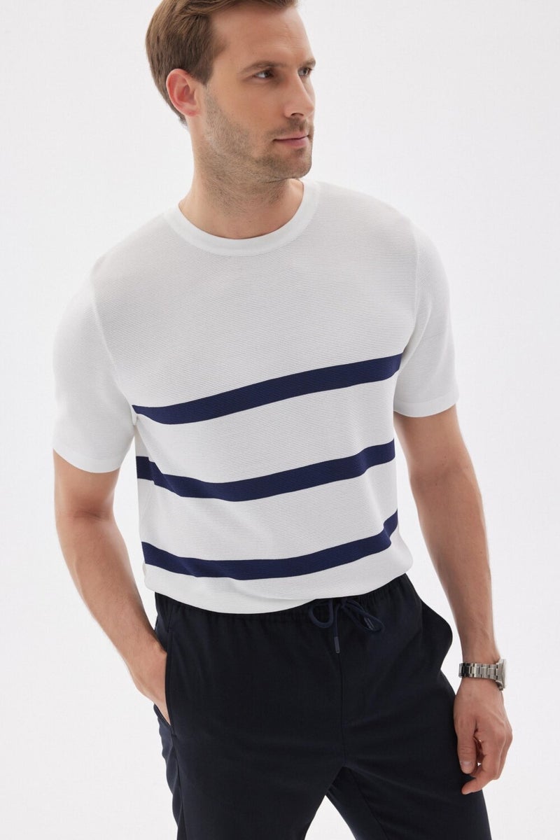 Limited Men's Striped Crew Neck Rayon Knit T-Shirt Ecru