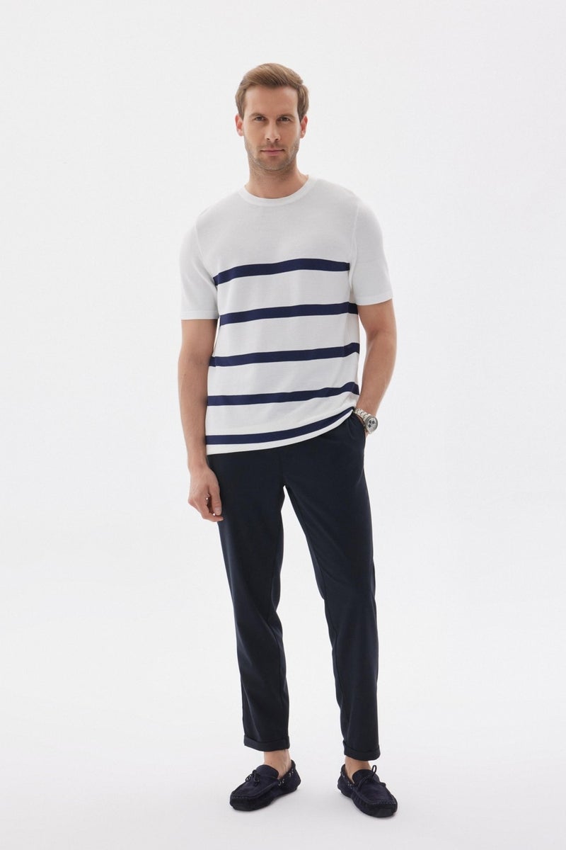 Limited Men's Striped Crew Neck Rayon Knit T-Shirt Ecru