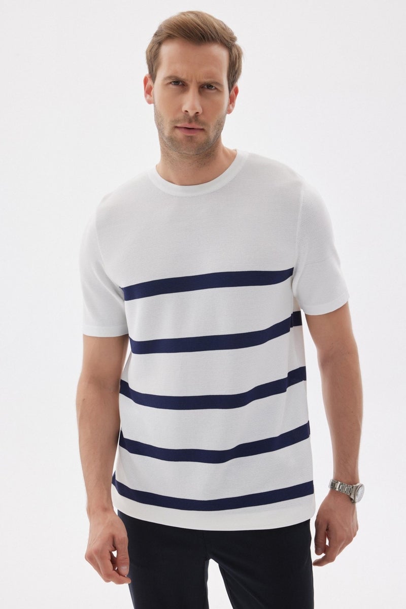 Limited Men's Striped Crew Neck Rayon Knit T-Shirt Ecru