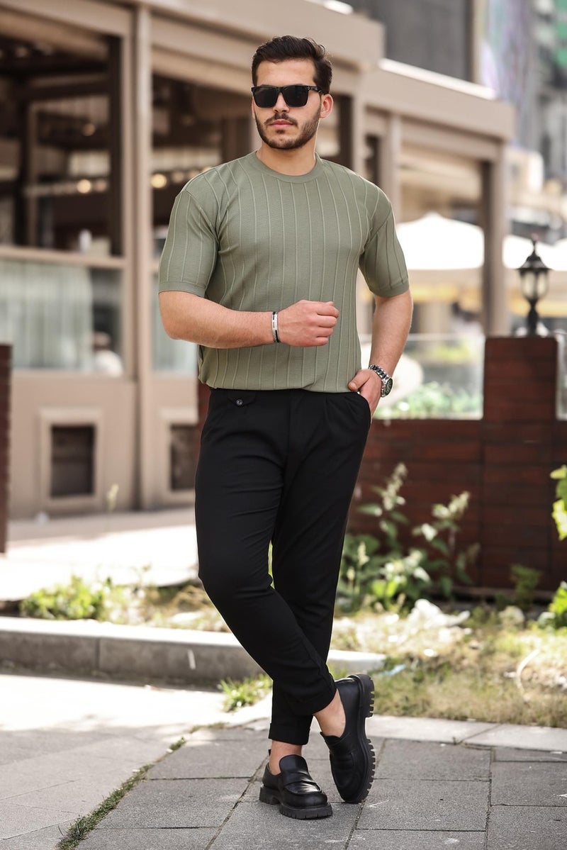 Khaki Crew Neck Embossed Knitwear Short Sleeve T-Shirt - 2430