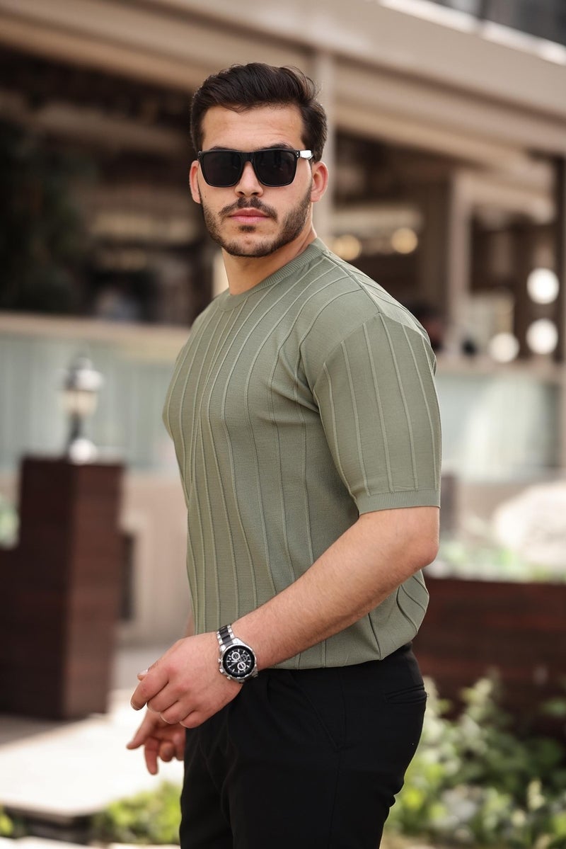 Khaki Crew Neck Embossed Knitwear Short Sleeve T-Shirt - 2430