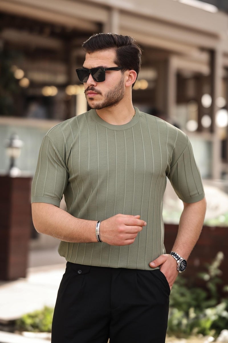 Khaki Crew Neck Embossed Knitwear Short Sleeve T-Shirt - 2430