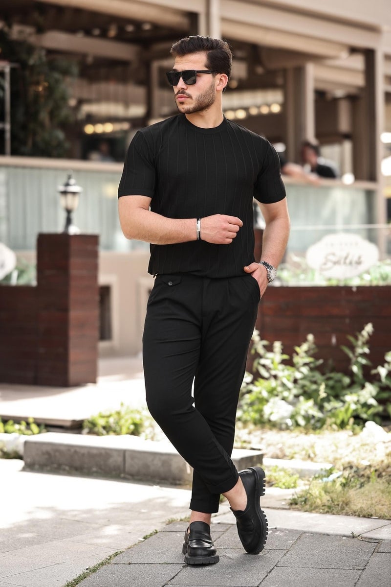 Black Crew Neck Embossed Knitwear Short Sleeve T-Shirt - 2430