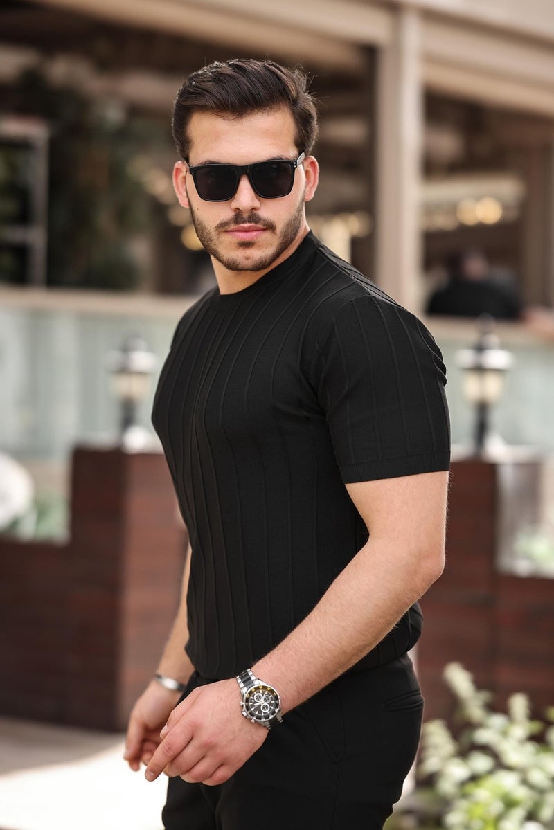 Black Crew Neck Embossed Knitwear Short Sleeve T-Shirt - 2430