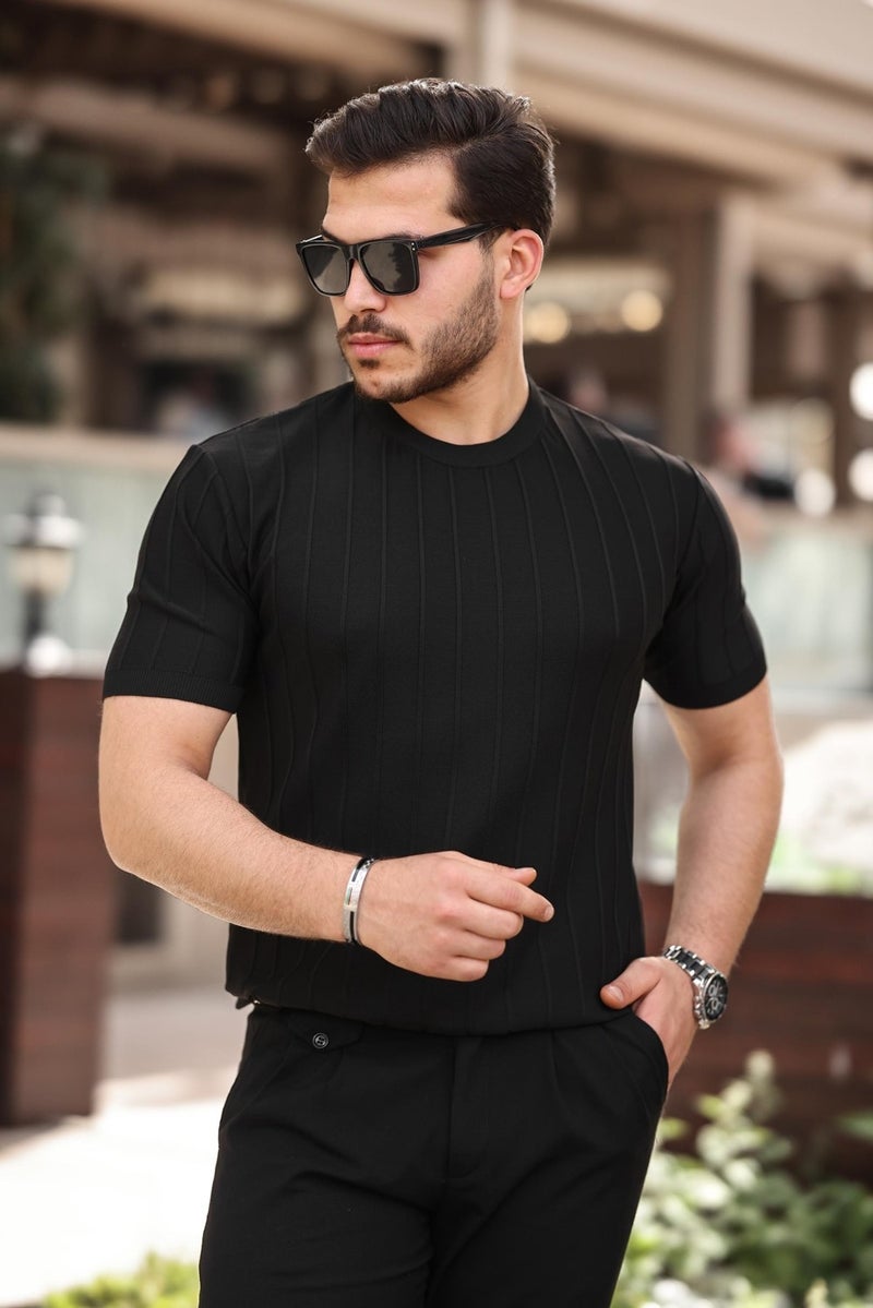 Black Crew Neck Embossed Knitwear Short Sleeve T-Shirt - 2430