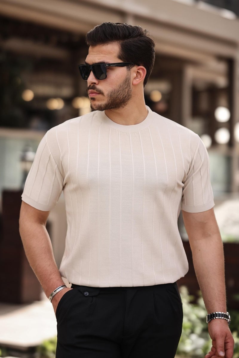 Beige Crew Neck Embossed Knitwear Short Sleeve T-Shirt - 2430