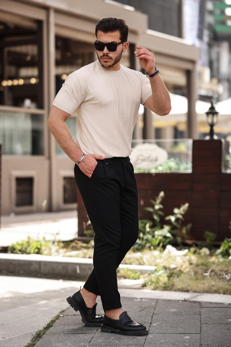 Beige Crew Neck Embossed Knitwear Short Sleeve T-Shirt - 2430