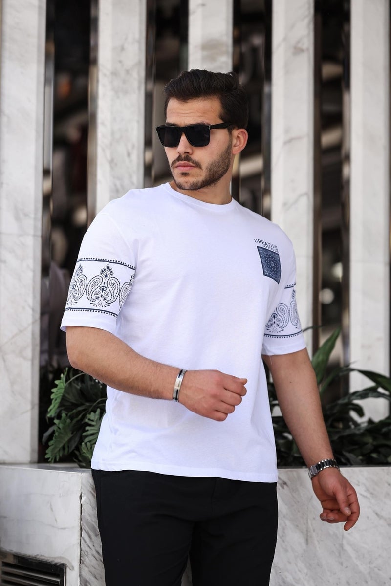 White Print Detailed Oversize Short Sleeve T-Shirt - 2428