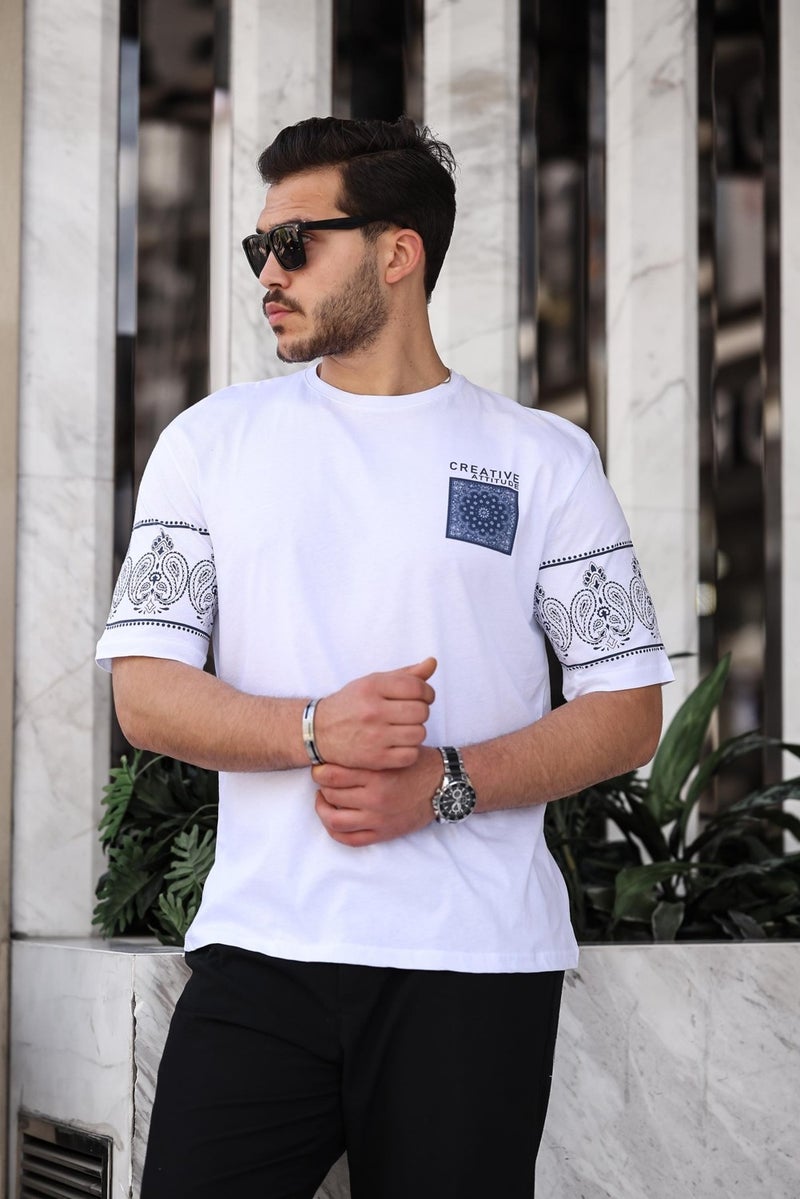 White Print Detailed Oversize Short Sleeve T-Shirt - 2428