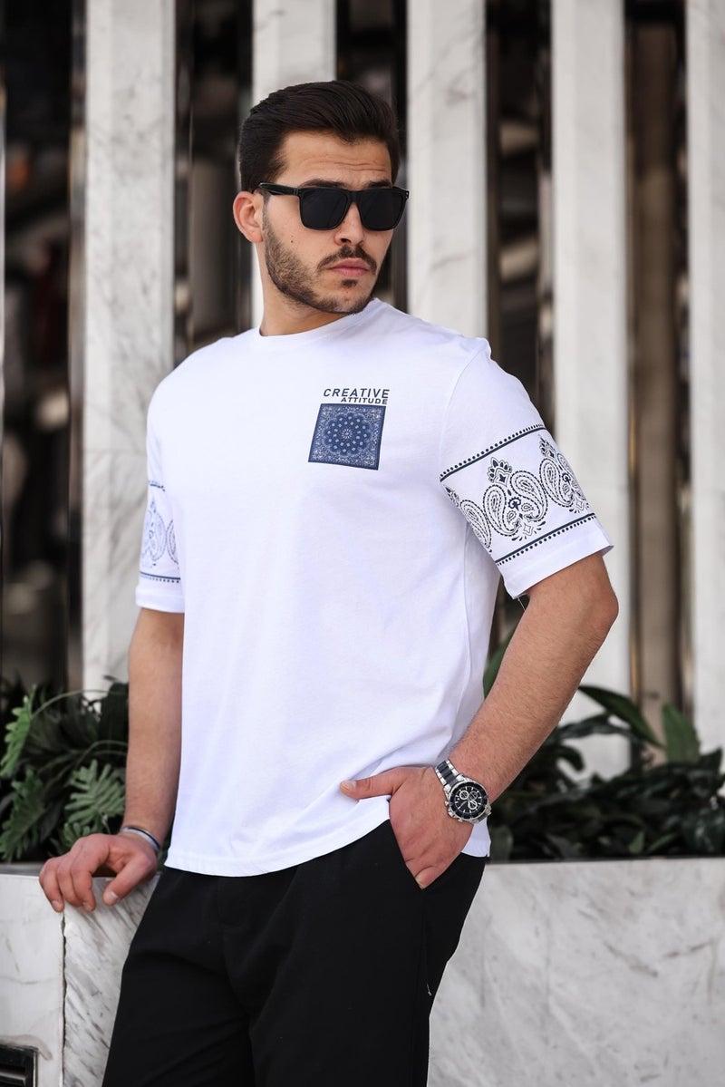 White Print Detailed Oversize Short Sleeve T-Shirt - 2428