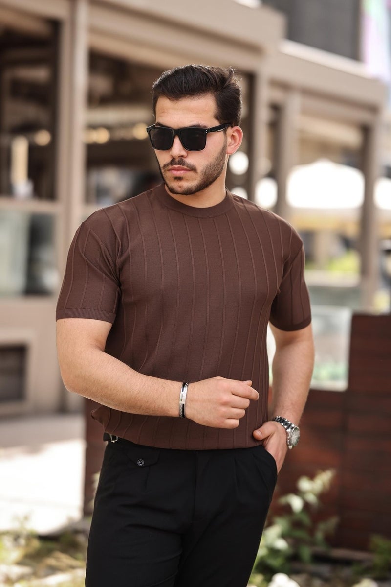 Brown Crew Neck Embossed Knitwear Short Sleeve T-Shirt - 2430