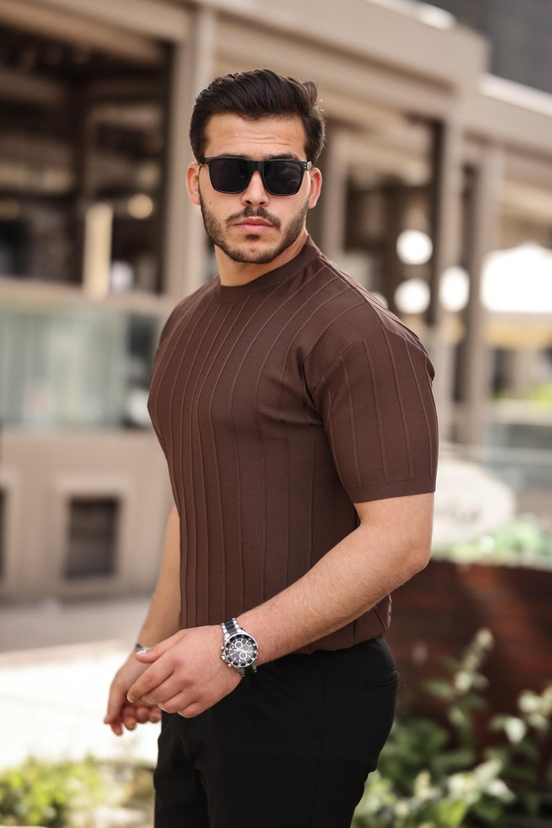 Brown Crew Neck Embossed Knitwear Short Sleeve T-Shirt - 2430