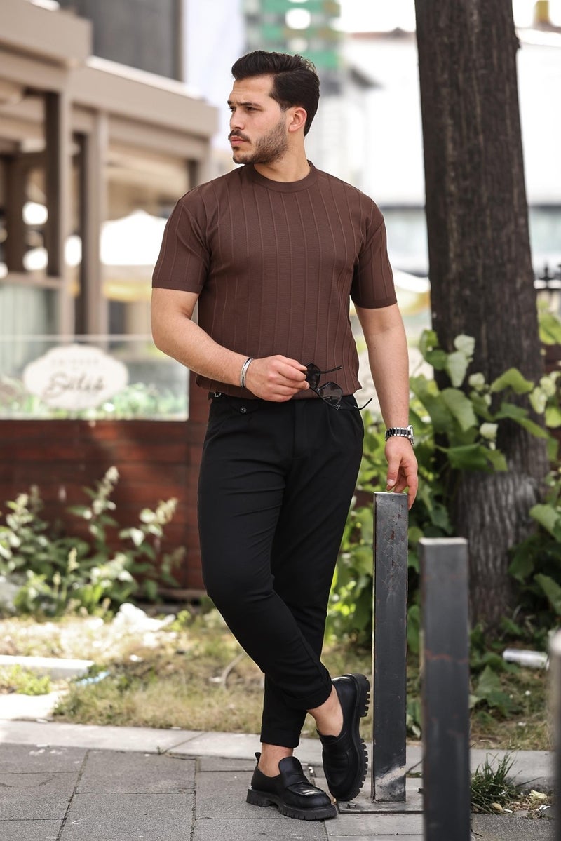 Brown Crew Neck Embossed Knitwear Short Sleeve T-Shirt - 2430