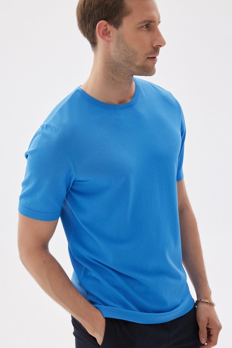 Limited Men's Plain Short Sleeve Rayon Knitwear T-Shirt in Saxe