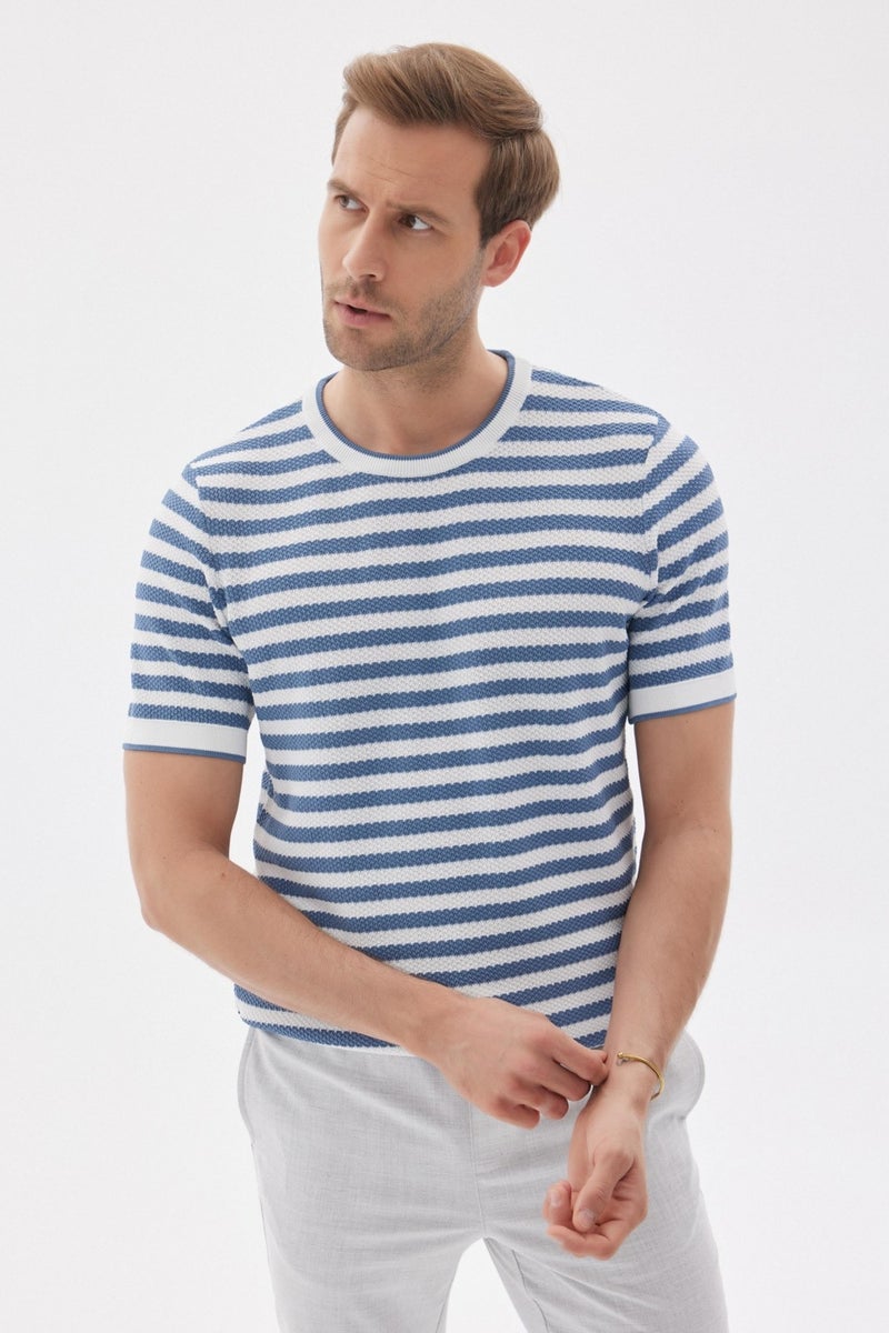 Limited Men's Striped Short Sleeve Crew Neck Rayon Knit T-shirt Indigo