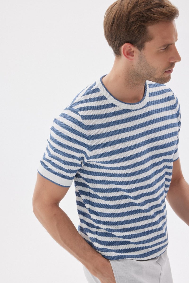 Limited Men's Striped Short Sleeve Crew Neck Rayon Knit T-shirt Indigo