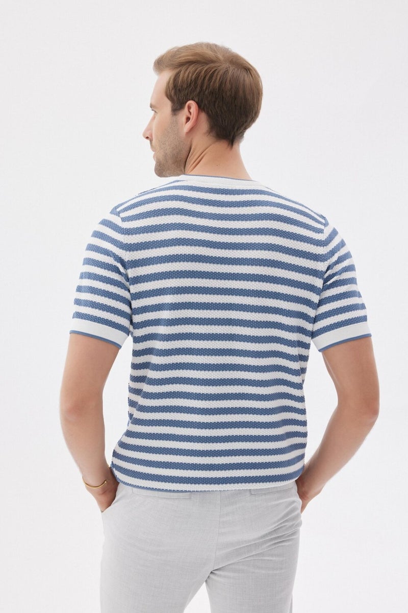 Limited Men's Striped Short Sleeve Crew Neck Rayon Knit T-shirt Indigo