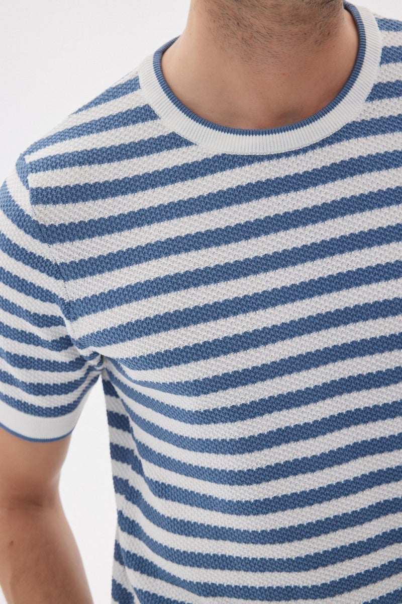 Limited Men's Striped Short Sleeve Crew Neck Rayon Knit T-shirt Indigo