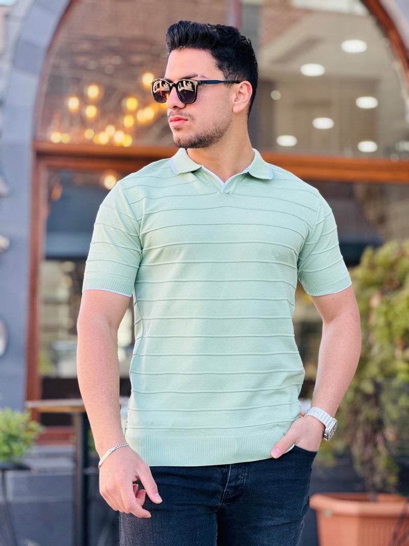 Water Green Embossed Stripe Polo Neck Knitwear T-Shirt