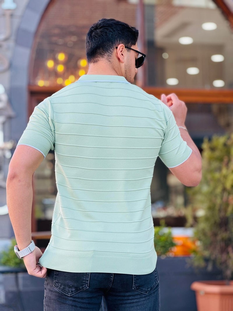 Water Green Embossed Stripe Polo Neck Knitwear T-Shirt