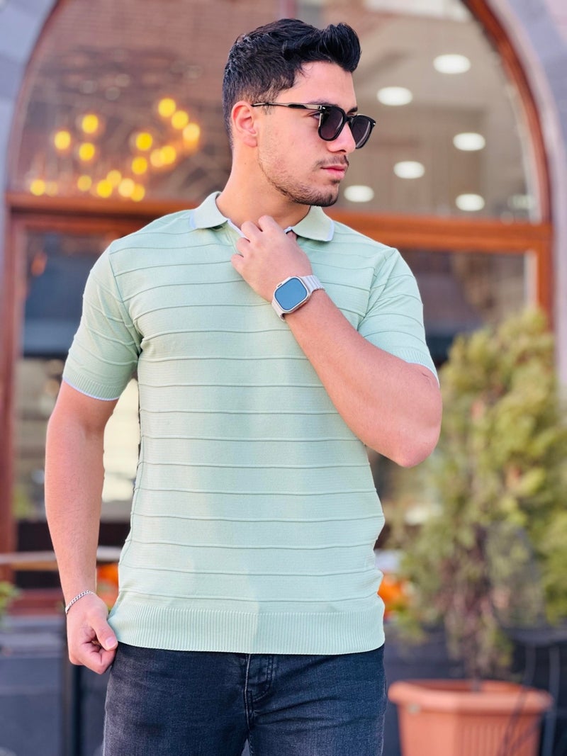 Water Green Embossed Stripe Polo Neck Knitwear T-Shirt