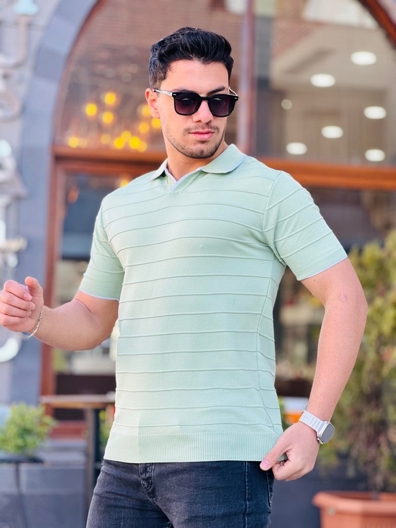 Water Green Embossed Stripe Polo Neck Knitwear T-Shirt