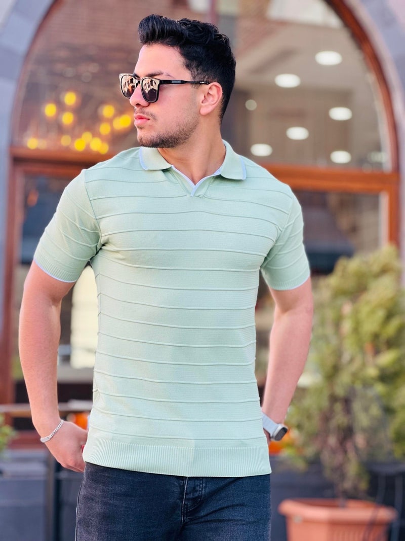 Water Green Embossed Stripe Polo Neck Knitwear T-Shirt