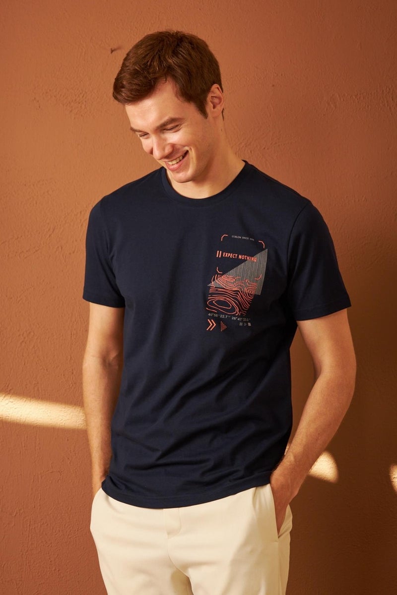 Men's Comfort Fit Printed Cotton T-Shirt Navy Blue MARS16