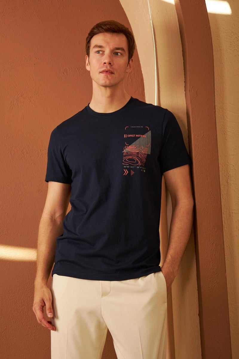 Men's Comfort Fit Printed Cotton T-Shirt Navy Blue MARS16