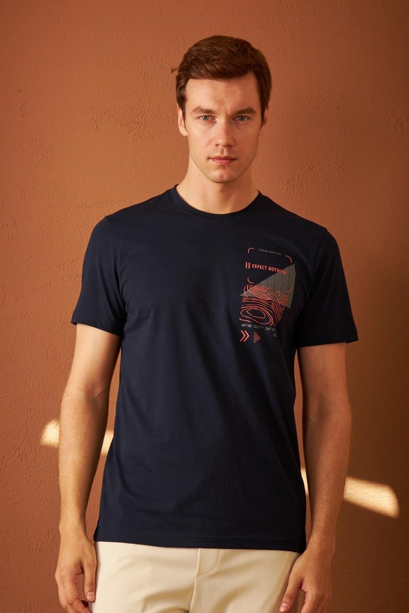 Men's Comfort Fit Printed Cotton T-Shirt Navy Blue MARS16