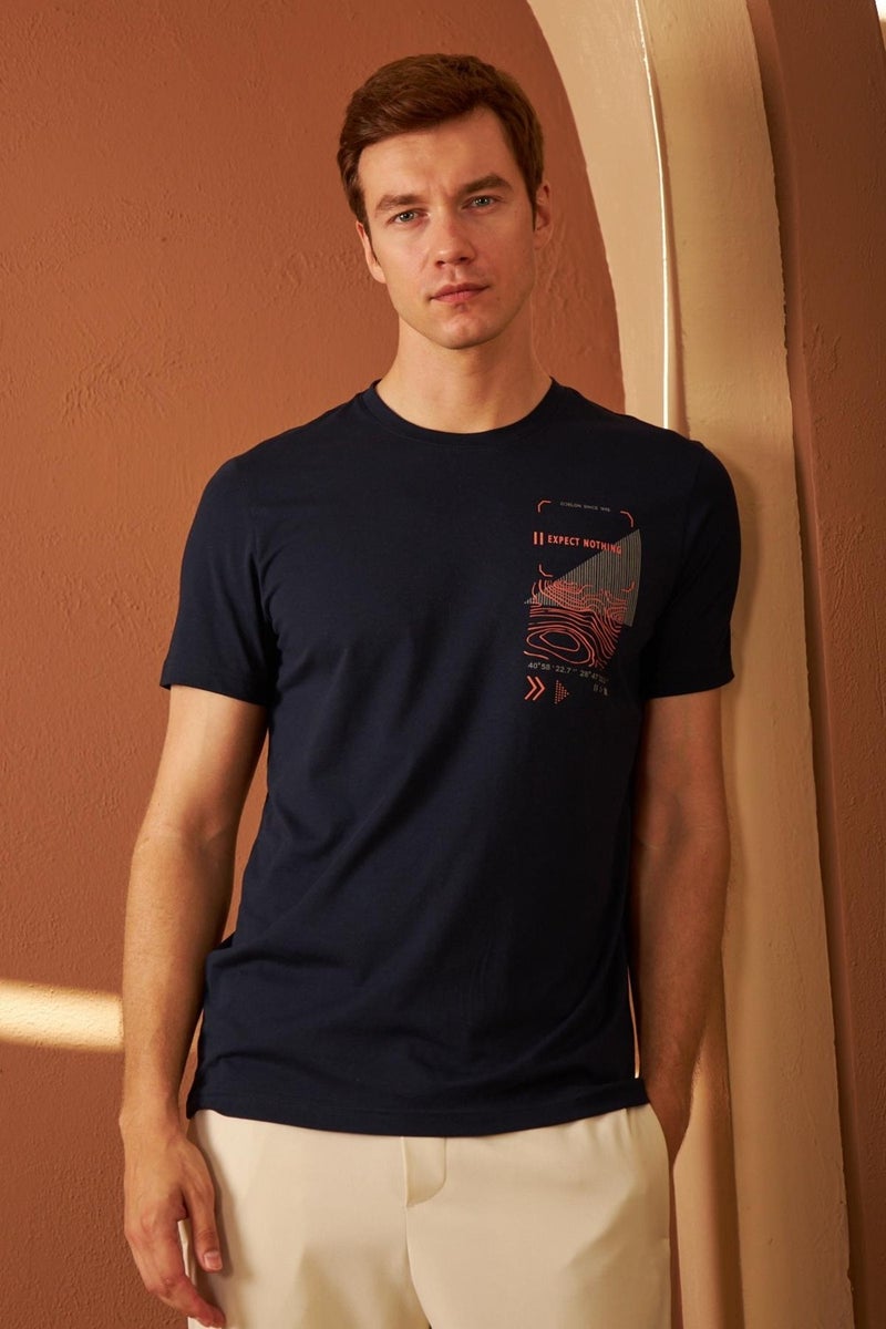 Men's Comfort Fit Printed Cotton T-Shirt Navy Blue MARS16