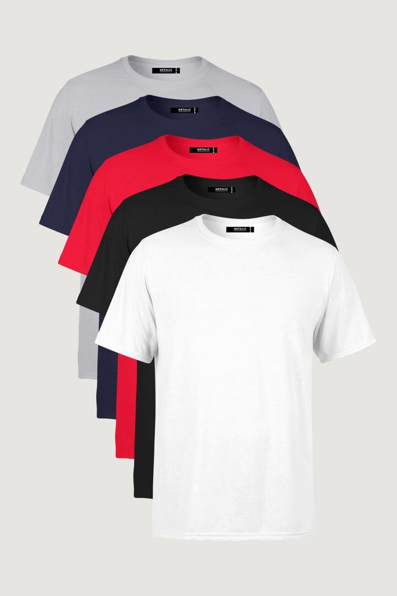 Metalıc Men's Multicolored T-Shirt Regular Fit Relaxed Cut Crew Neck 5-Piece Basic T-Shirt Pack