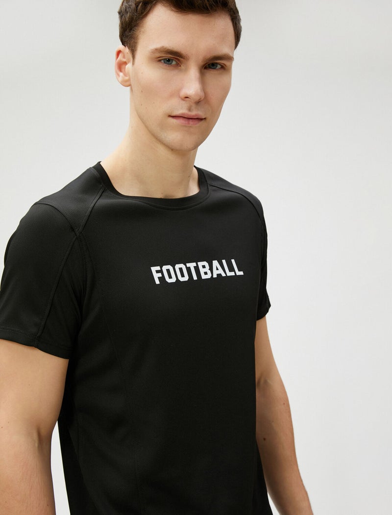 Sports T-Shirt with Stitching Detail Slogan Printed Crew Neck