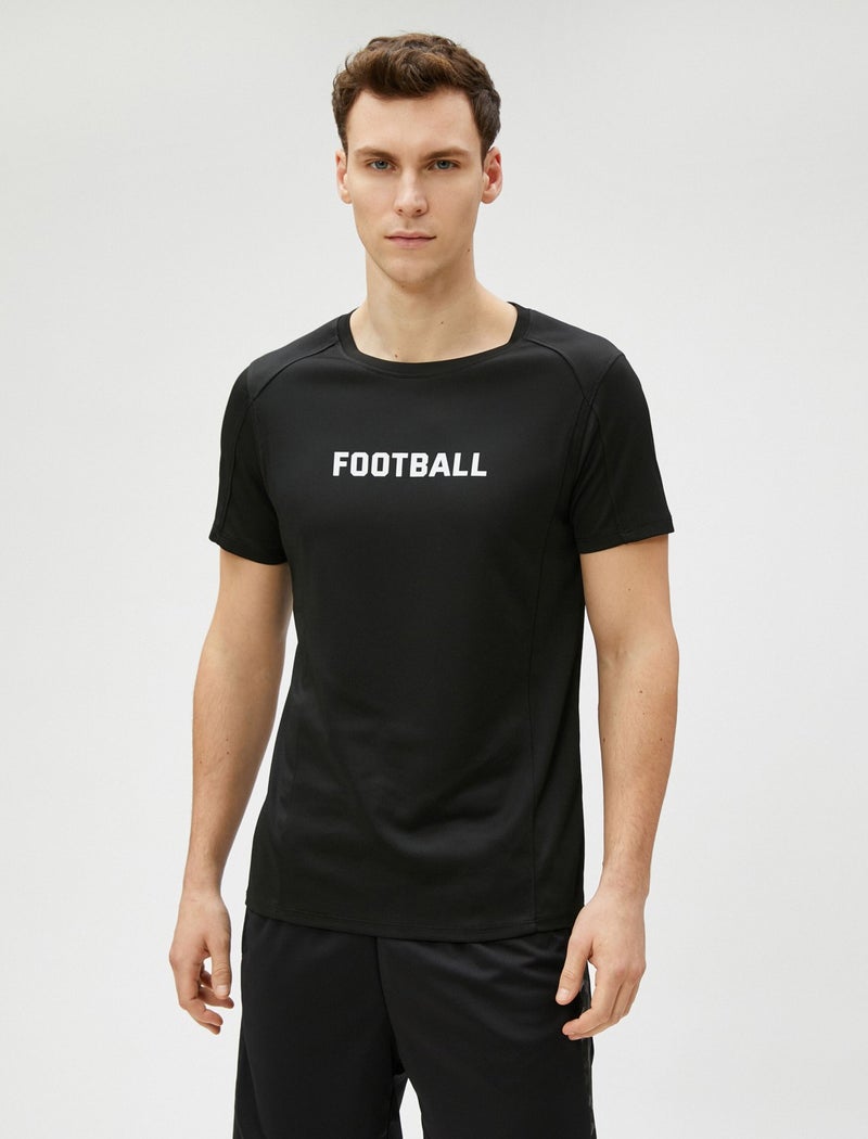 Sports T-Shirt with Stitching Detail Slogan Printed Crew Neck