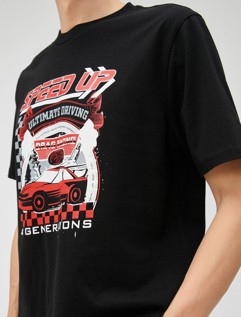 Printed T-Shirt Racing Themed Crew Neck Short Sleeve Cotton