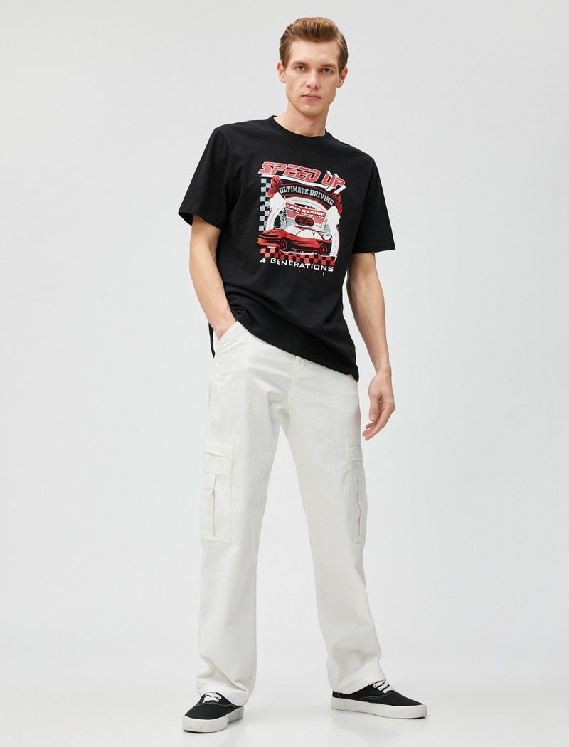 Printed T-Shirt Racing Themed Crew Neck Short Sleeve Cotton