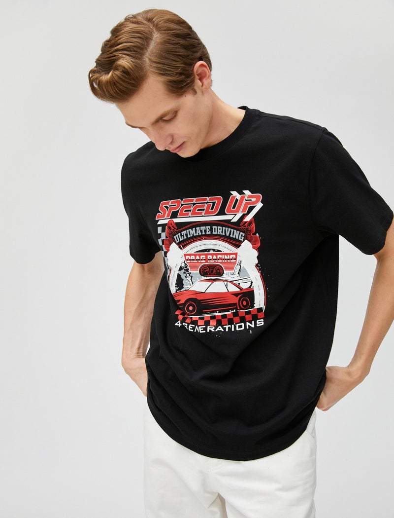 Printed T-Shirt Racing Themed Crew Neck Short Sleeve Cotton