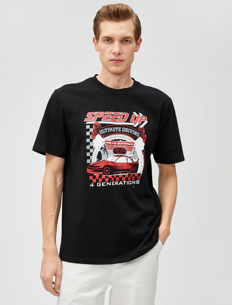 Printed T-Shirt Racing Themed Crew Neck Short Sleeve Cotton