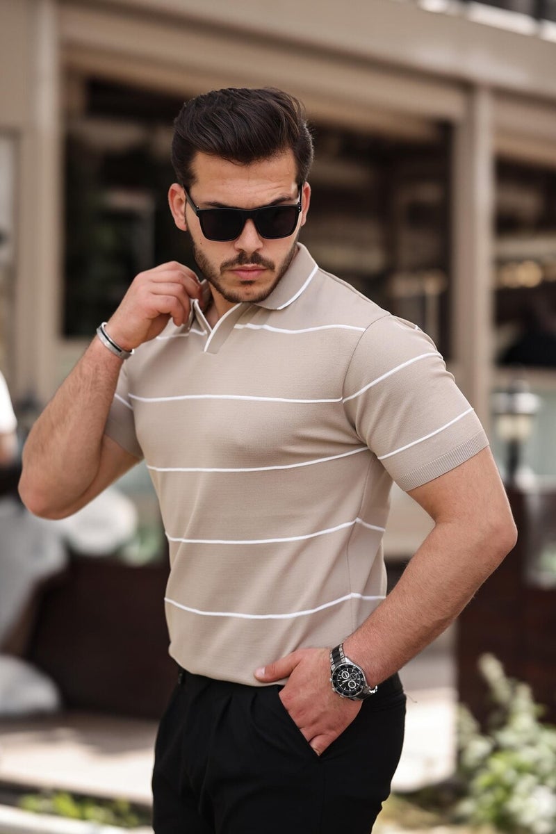 Beige Striped Knitwear Polo Neck T-Shirt - 2427