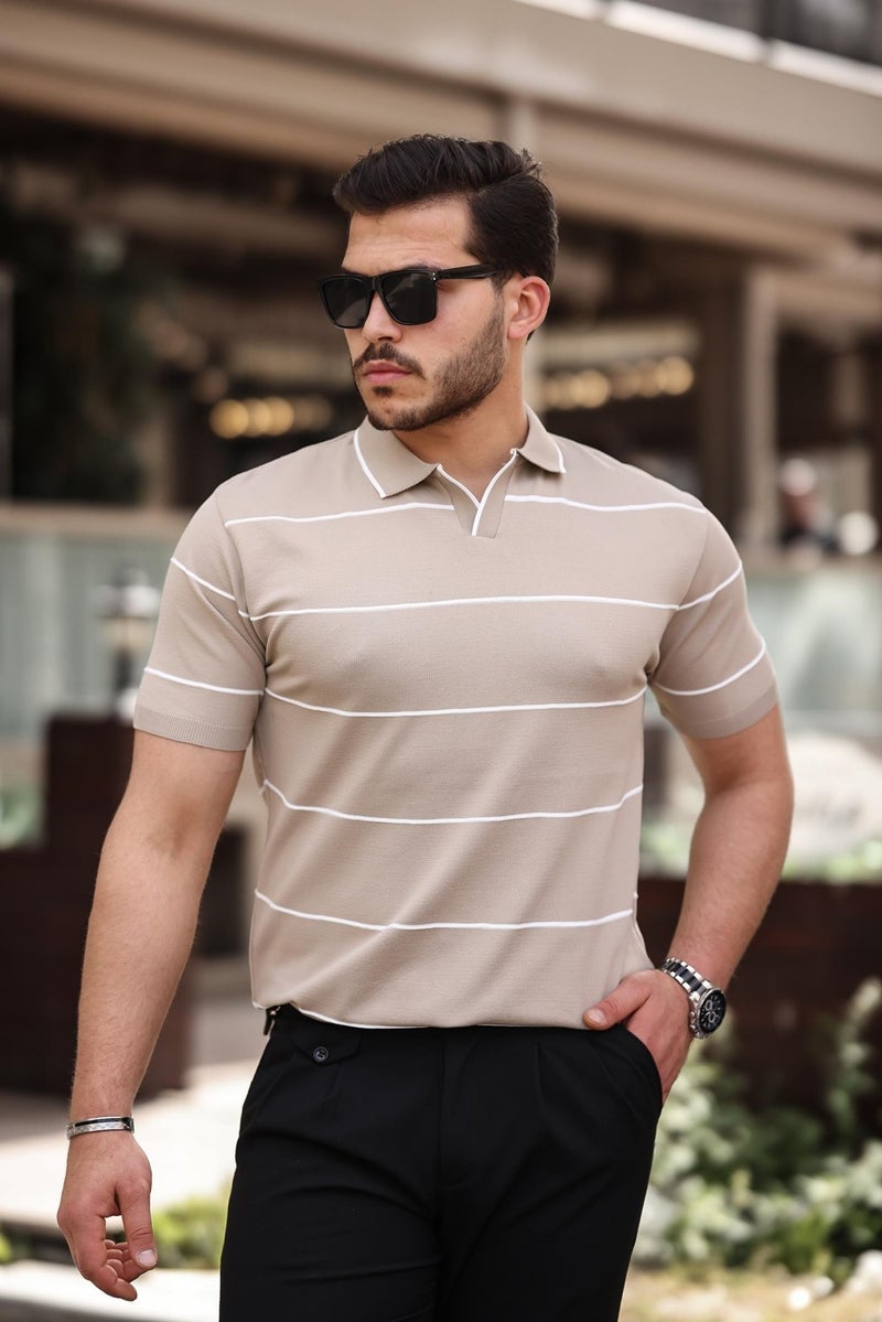 Beige Striped Knitwear Polo Neck T-Shirt - 2427