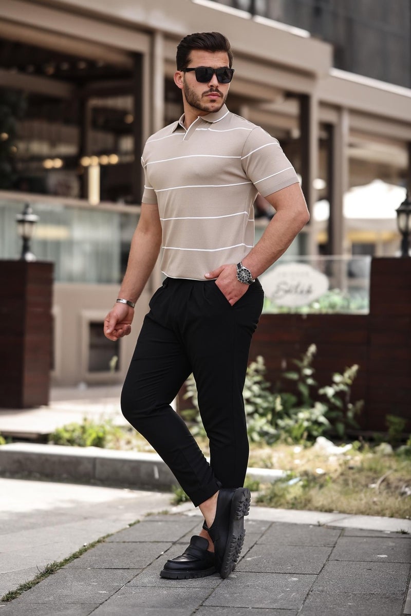 Beige Striped Knitwear Polo Neck T-Shirt - 2427