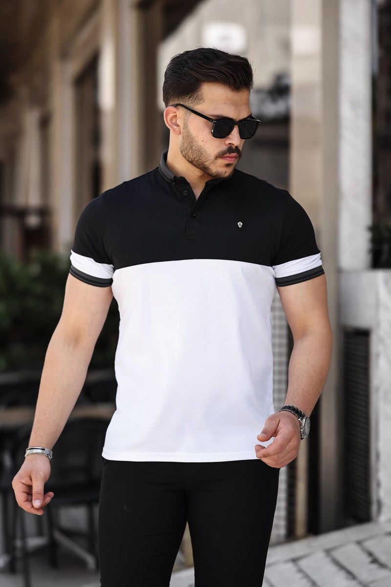 Black and White Kagi Stone Piece Polo Neck Short Sleeve T-Shirt - 2402