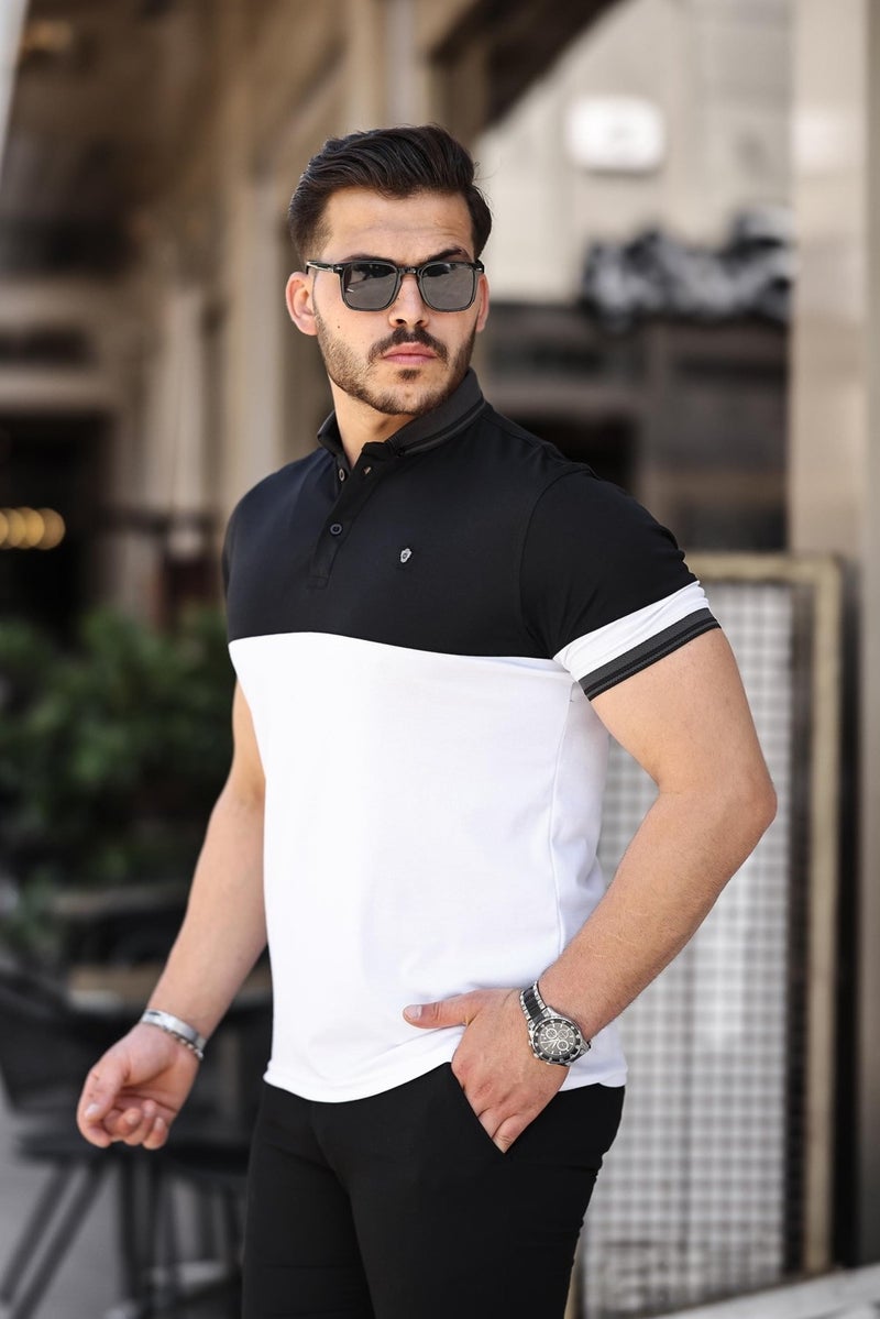 Black and White Kagi Stone Piece Polo Neck Short Sleeve T-Shirt - 2402