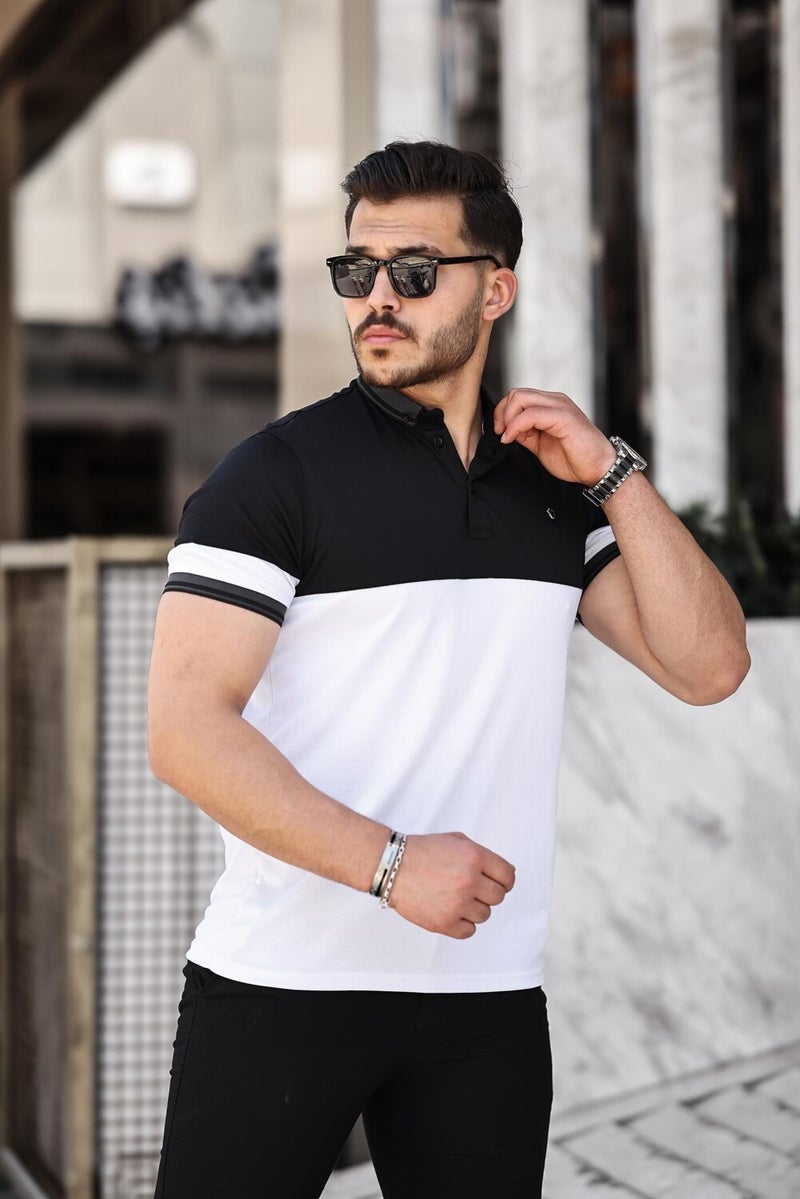 Black and White Kagi Stone Piece Polo Neck Short Sleeve T-Shirt - 2402