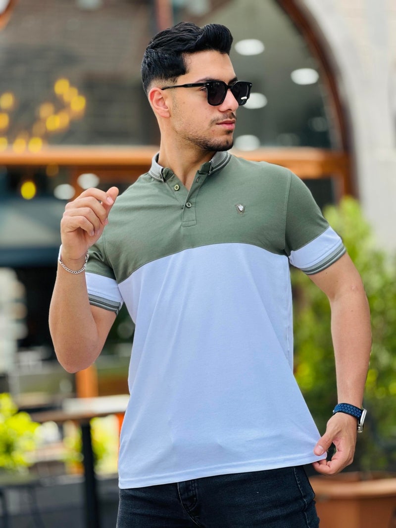 Khaki White Kagi Stone Pieced Polo Neck Short Sleeve T-Shirt