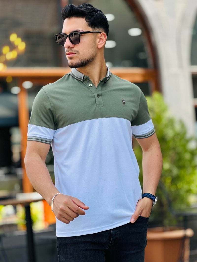 Khaki White Kagi Stone Pieced Polo Neck Short Sleeve T-Shirt