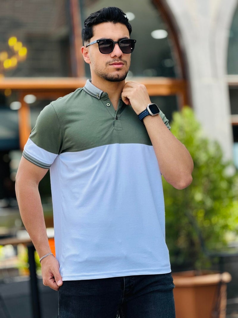 Khaki White Kagi Stone Pieced Polo Neck Short Sleeve T-Shirt