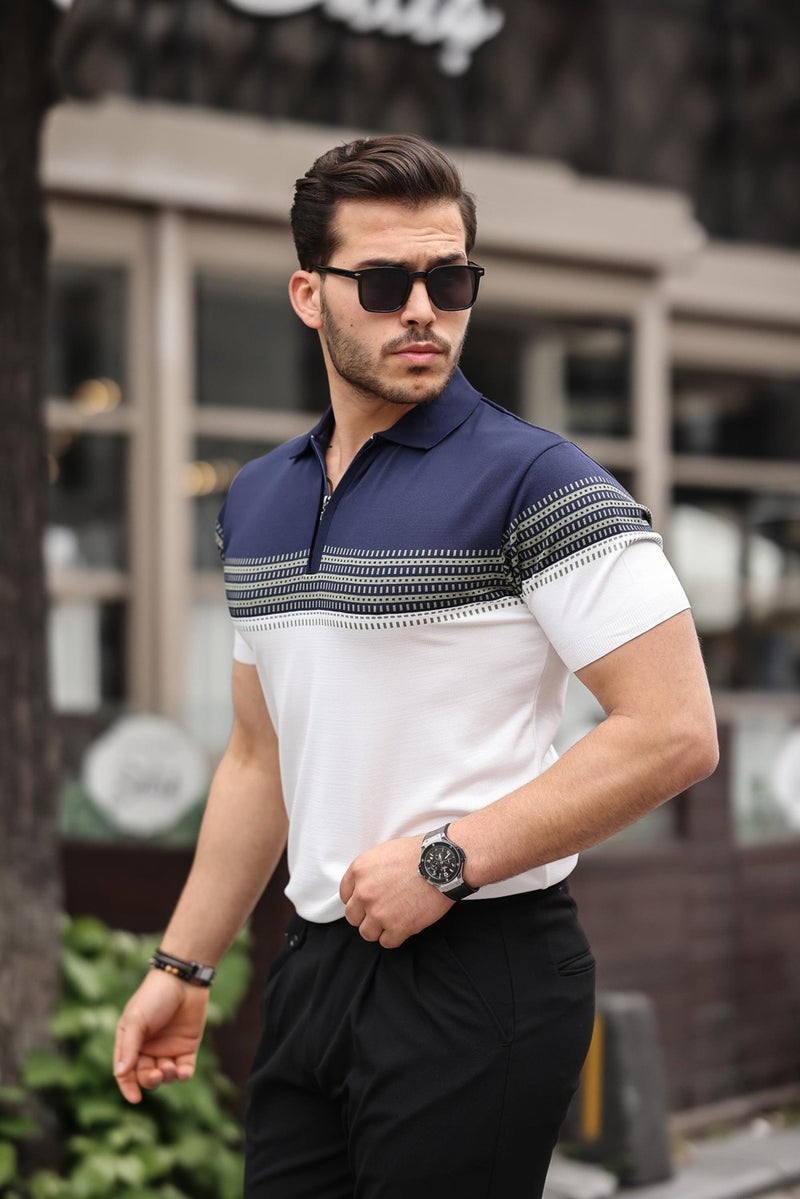 Navy Blue White Zippered Knitwear Polo Neck T-Shirt