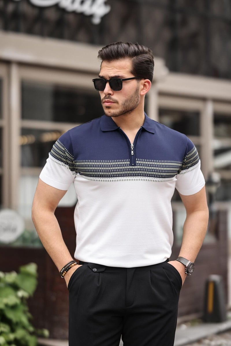 Navy Blue White Zippered Knitwear Polo Neck T-Shirt